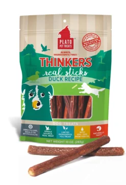 Plato Thinkers Duck Meat Stick Dog Treats -Blue Boo Pet Care Shop Plato Bags 3D 10oz SKUs head on duck 1200x1759 1